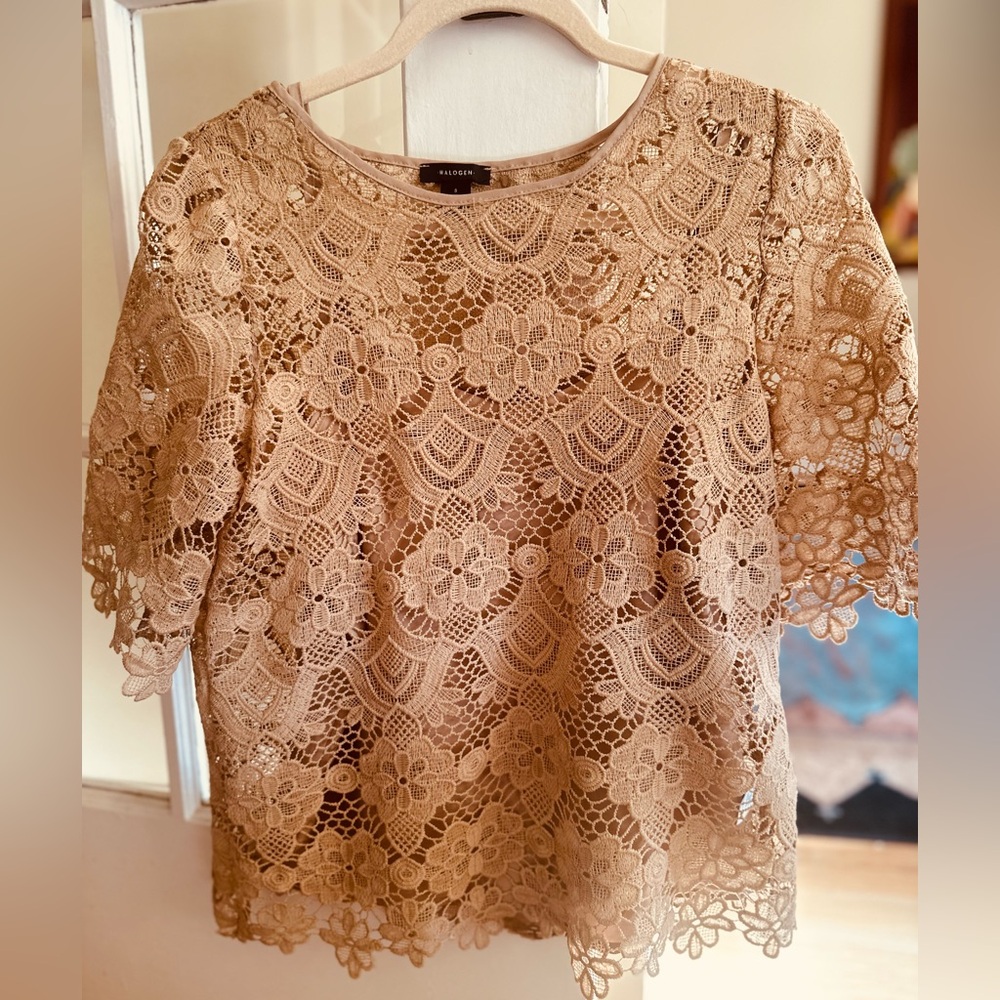 Halogen Floral Lace Elbow Sleeve Top